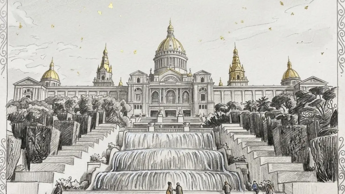 Ilustración artística a lápiz basada en la imagen_587cd1.jpg del Palacio Nacional de Montjuïc en Barcelona