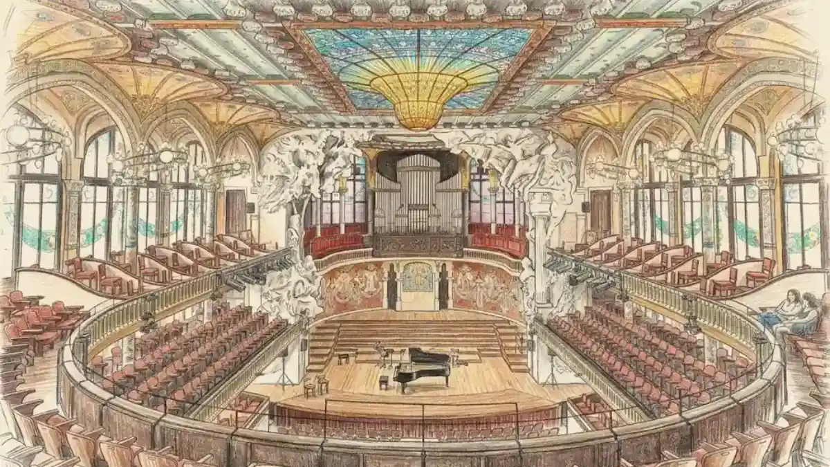 Ilustración a lápiz y color de la sala de conciertos modernista del Palacio de la Música Catalana en Barcelona.