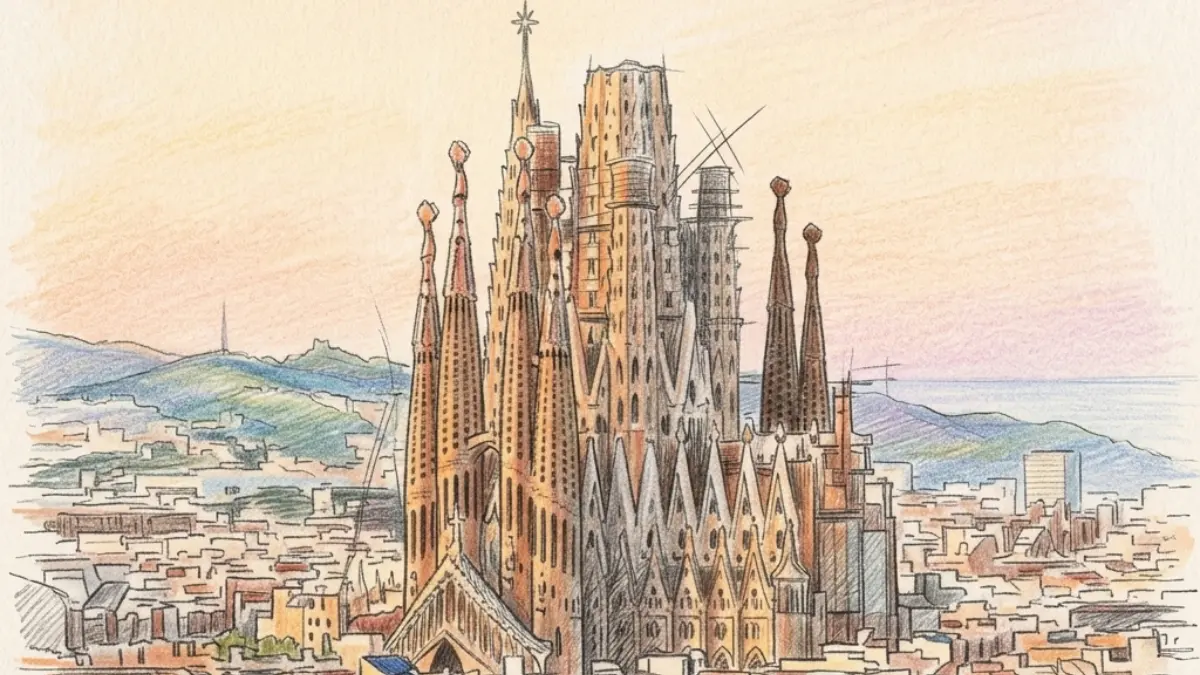 Fachada principal de la Basílica de la Sagrada Familia en Barcelona bajo un cielo despejado.