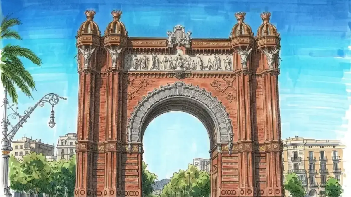 Dibujo a lápiz coloreado con rotulador del Arco de Triunfo de Barcelona, destacando su arquitectura de ladrillo visto bajo un cielo azul.