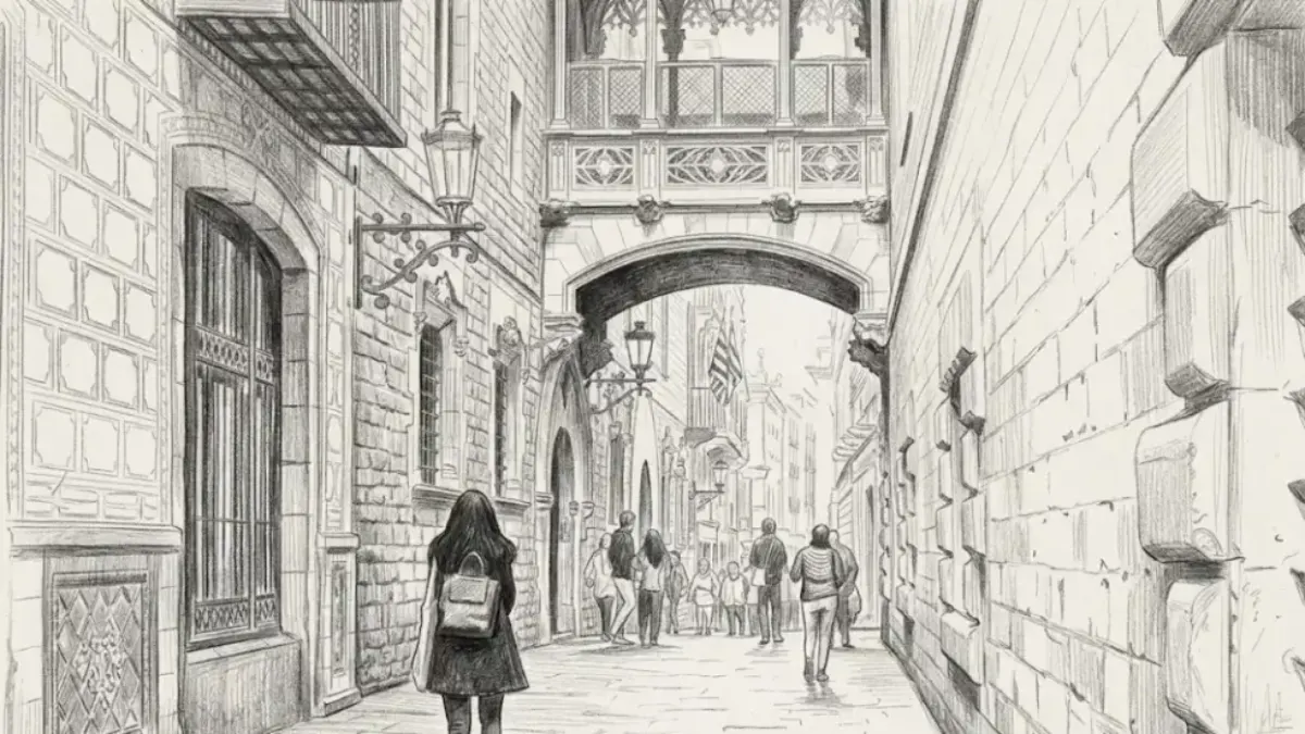 Dibujo detallado a lápiz de grafito de la Carrer del Bisbe en el Barrio Gótico de Barcelona, mostrando el famoso puente gótico peatonal y viandantes caminando por el callejón