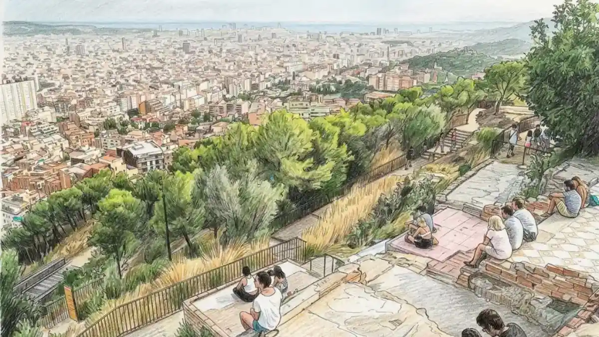 Panorámica de Barcelona vista desde los Búnkers del Carmel, con terrazas de piedra, pinos y visitantes disfrutando de las vistas de la ciudad y el mar Mediterráneo al fondo.