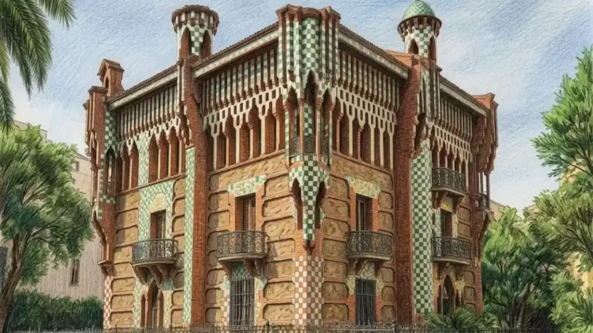 Ilustración detallada de la torre y los azulejos verdes y blancos de la fachada de la Casa Vicens, la primera obra residencial de Antoni Gaudí en Barcelona.