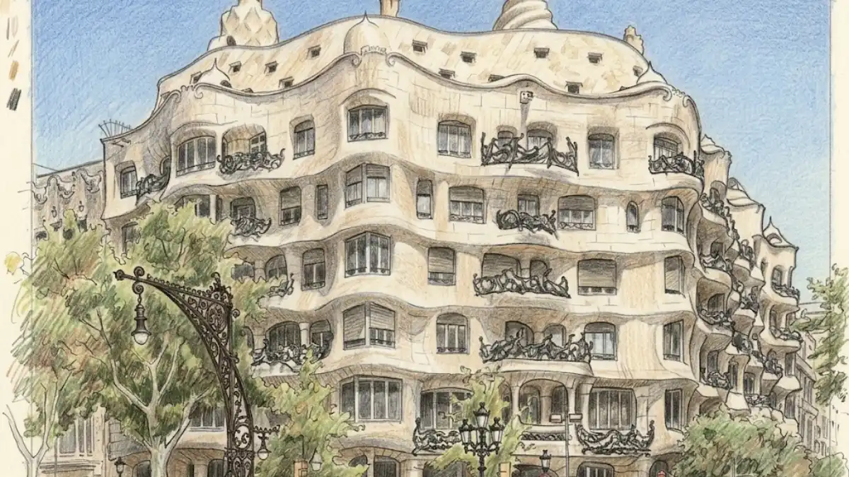 Ilustración a lápiz y color de la fachada modernista de la Casa Batlló de Antoni Gaudí en Barcelona.