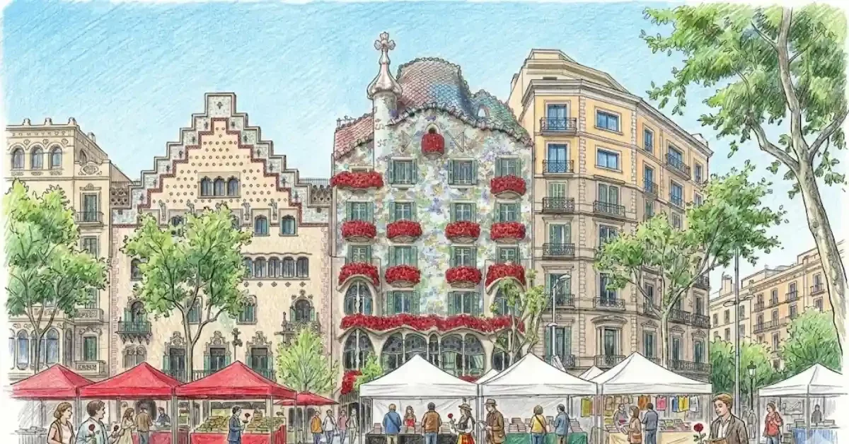 Dibujo artístico de la fachada modernista de la Casa Batlló en Barcelona.