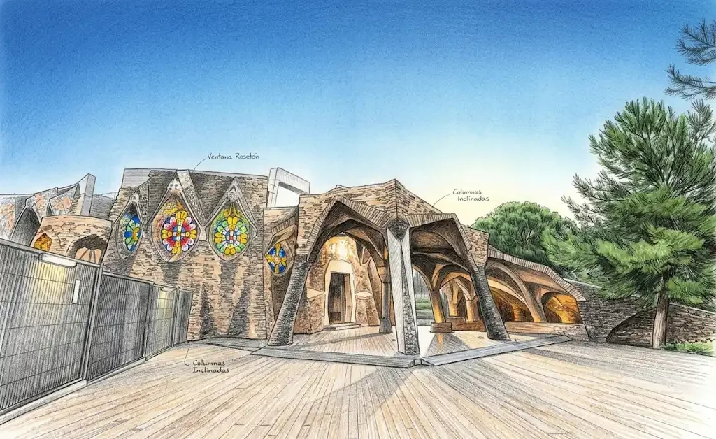 Ilustración digital a color con estilo de dibujo a lápiz de la entrada a la Cripta de la Colonia Güell de Antoni Gaudí, destacando el porche de columnas inclinadas de piedra, las coloridas vidrieras con forma de rosetón y anotaciones artísticas a mano.