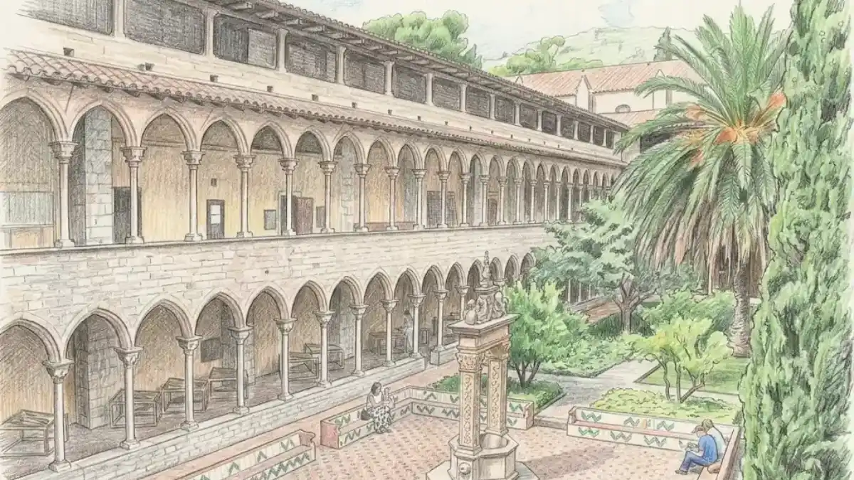 Claustro del Monasterio de Pedralbes en Barcelona, con sus característicos arcos góticos de dos niveles, una fuente central decorada y un tranquilo jardín mediterráneo.