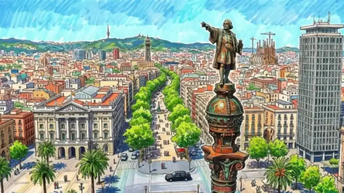 Ilustración a lápiz de color de la estatua del Monumento a Cristóbal Colón apuntando al horizonte, con una vista aérea de Barcelona al fondo.