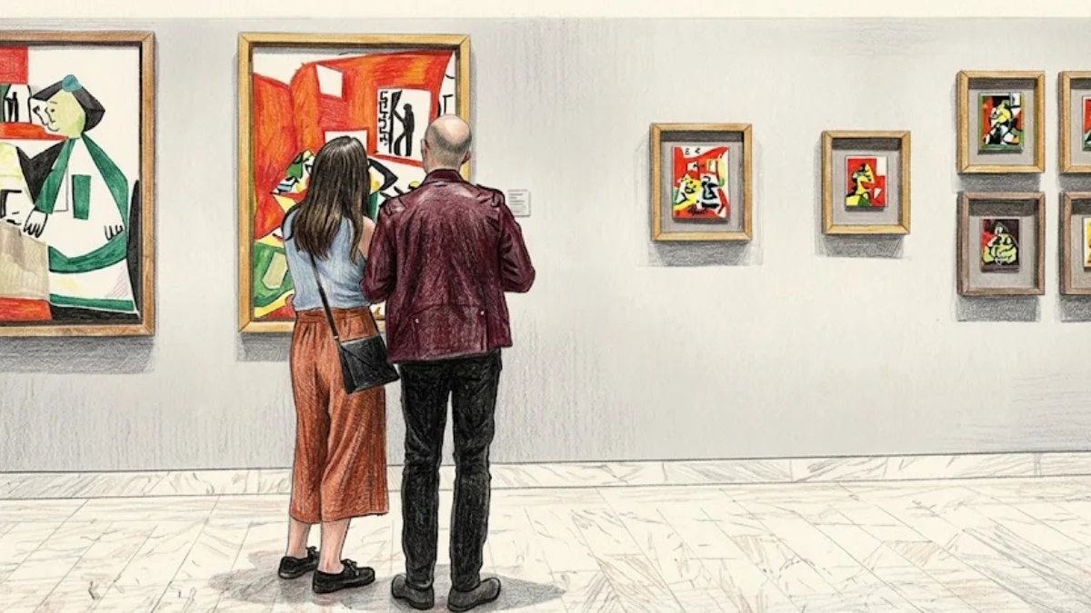 Dibujo a lápiz de color de una pareja de espaldas contemplando una galería de arte con cuadros de estilo cubista expuestos en una pared blanca.
