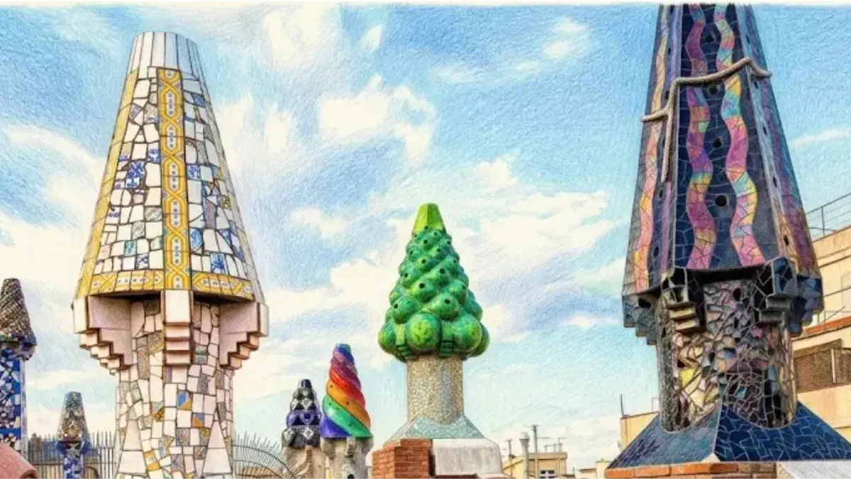 Dibujo artístico de las chimeneas con formas de guerreros en el tejado de la Casa Milà de Antoni Gaudí, con vistas urbanas de Barcelona.