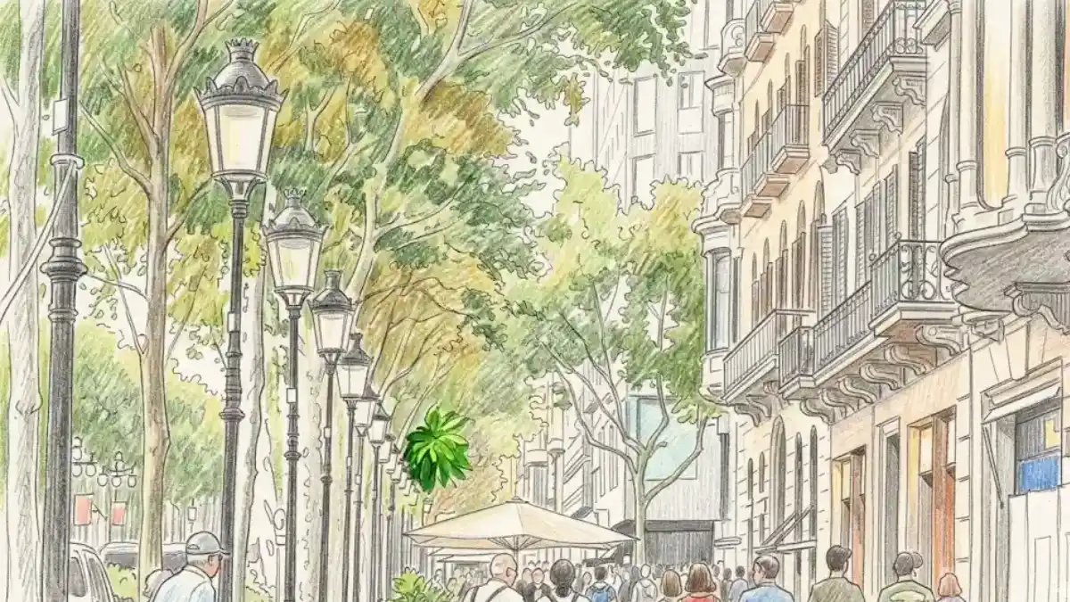 Ilustración con lápices de colores que muestra a la gente paseando por el Paseo de Gracia en Barcelona, con farolas clásicas, árboles y edificios históricos.