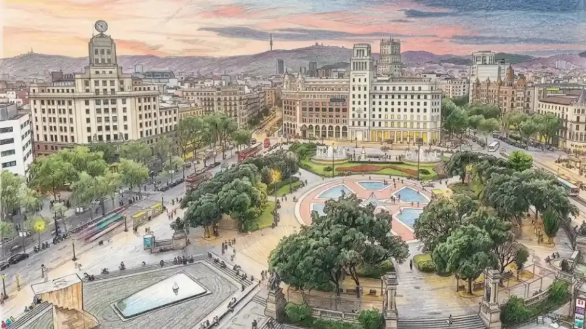 Ilustración artística a lápiz de color que muestra una vista aérea de la Plaza de Cataluña en Barcelona durante el atardecer, destacando la arquitectura clásica de los edificios circundantes, las fuentes iluminadas y la vegetación urbana