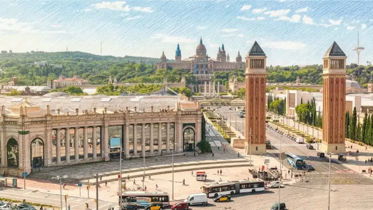 Ilustración a color de la Plaza de España de Barcelona, mostrando las Torres Venecianas, la Fuente Mágica de Montjuïc y el Palacio Nacional al fondo.