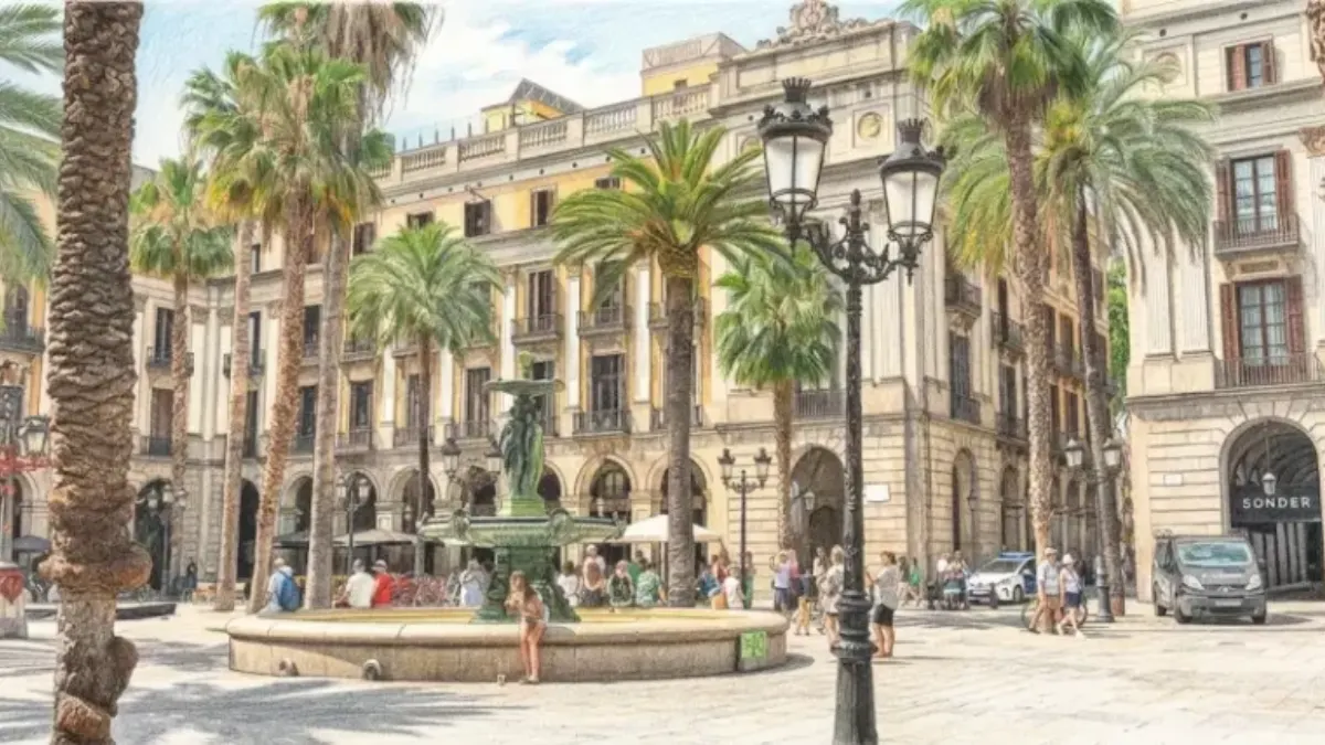 Dibujo detallado a lápiz de color de la Plaça Reial en Barcelona, que muestra la icónica fuente central, las altas palmeras, las farolas clásicas y las detalladas fachadas porticadas de los edificios históricos bajo un cielo despejado.