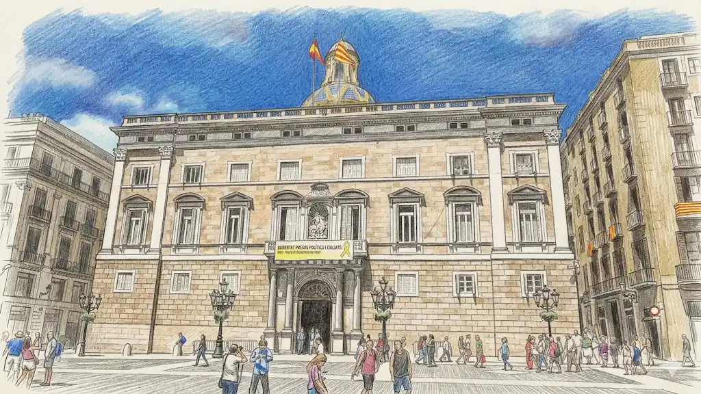 Ilustración a lápiz de color del Palau de la Generalitat en la Plaça de Sant Jaume de Barcelona, con peatones caminando por la plaza bajo un cielo azul dibujado con trazos suaves.