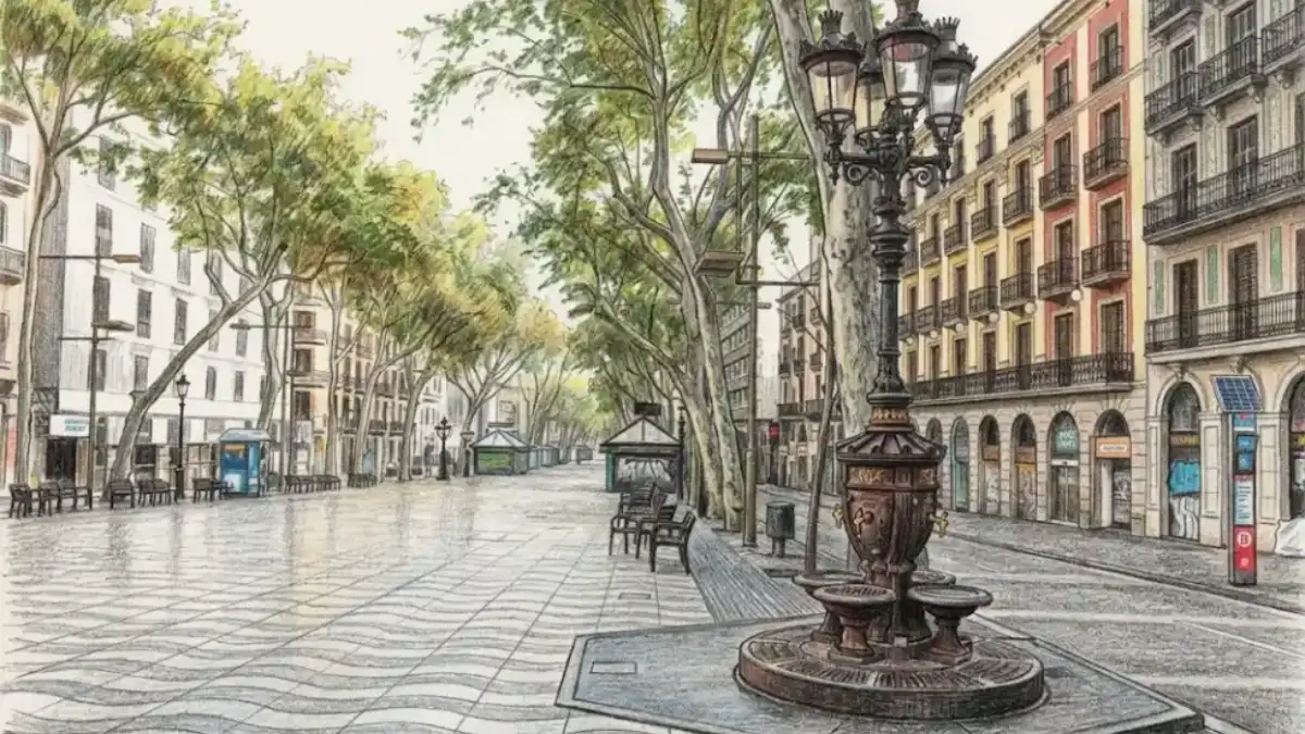 Dibujo a lápiz de color de un paseo peatonal desierto en La Rambla de Barcelona, con su icónica fuente-farola en primer plano y edificios clásicos al fondo.