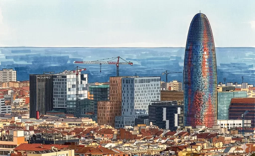 Ilustración a rotulador del skyline de Barcelona con la Torre Glòries en primer plano