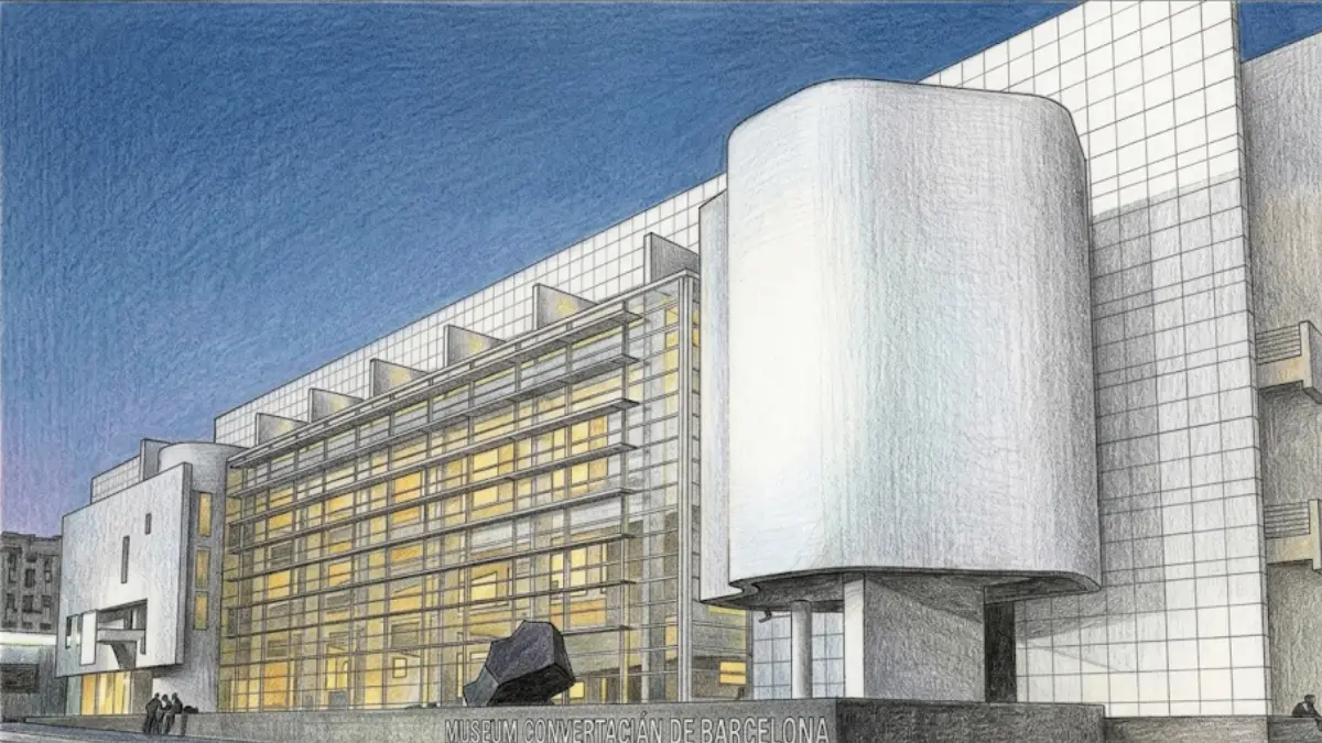 Ilustración hecha con lápices de colores que recrea la fachada del Museo de Arte Contemporáneo de Barcelona (MACBA) al anochecer, destacando sus grandes ventanales iluminados y sus formas geométricas blancas.