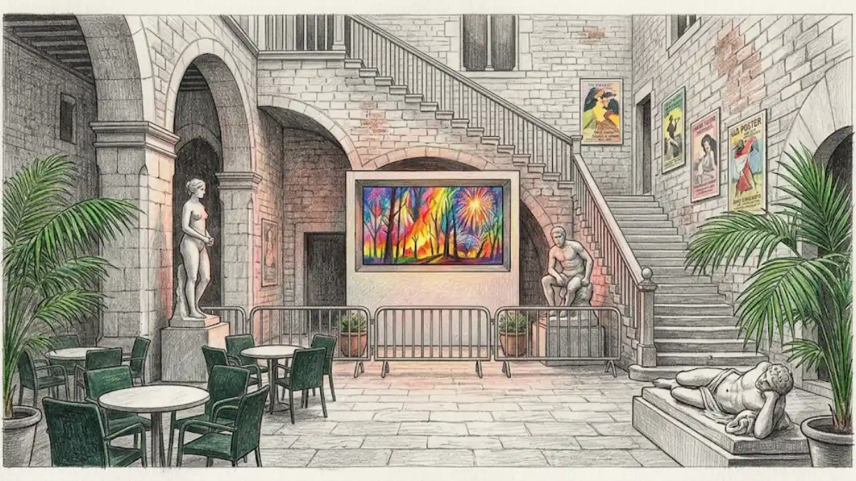 Ilustración detallada a lápiz de colores que muestra un patio interior de piedra de estilo gótico.