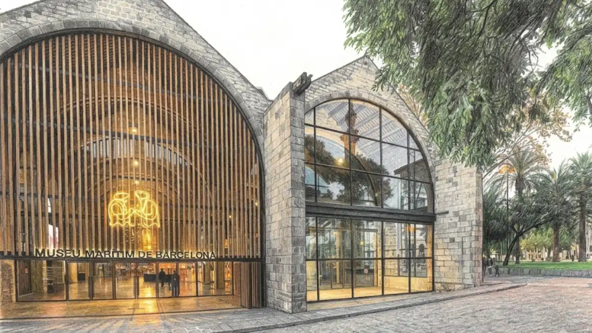 Ilustración detallada con lápices de colores de la fachada exterior del Museu Marítim de Barcelona.