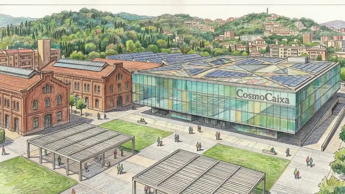 Una ilustración detallada a lápiz y color de la fachada principal y la plaza del museo de ciencias CosmoCaixa en Barcelona.