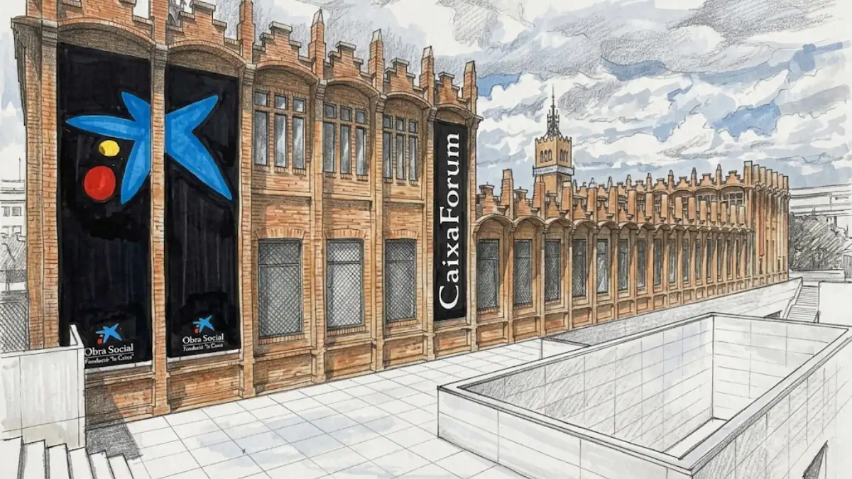 Dibujo detallado a lápiz con toques de acuarela que muestra la arquitectura modernista de ladrillo de CaixaForum, destacando sus grandes carteles negros con el logotipo azul de la estrella y una amplia terraza blanca en primer término bajo un cielo esbozado.