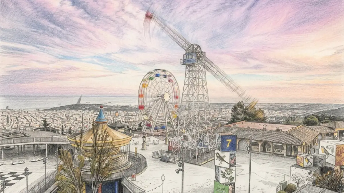 dibujo detallado a lápiz de color que recrea el parque de atracciones Tibidabo en Barcelona durante el atardecer