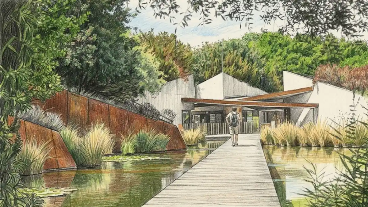 ilustración detallada hecha con lápices de colores que recrea un paisaje natural y arquitectónico
