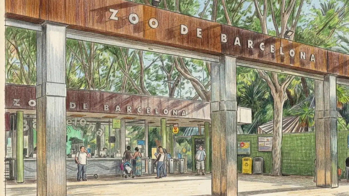 lustración detallada dibujada con lápices de colores que recrea la entrada del Zoo de Barcelona.