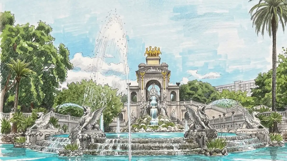 dibujo artístico hecho a lápiz y rotulador que recrea la Cascada Monumental del Parque de la Ciutadella en Barcelona