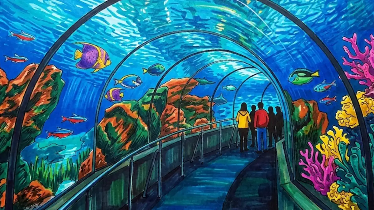 ilustración detallada y hecha a mano con rotuladores de colores vibrantes sobre papel, que recrea la vista interior de un túnel de cristal en el acuario de barcelona