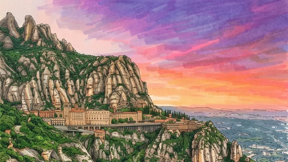 Dibujo detallado a rotulador y tinta fina del Monasterio de Montserrat