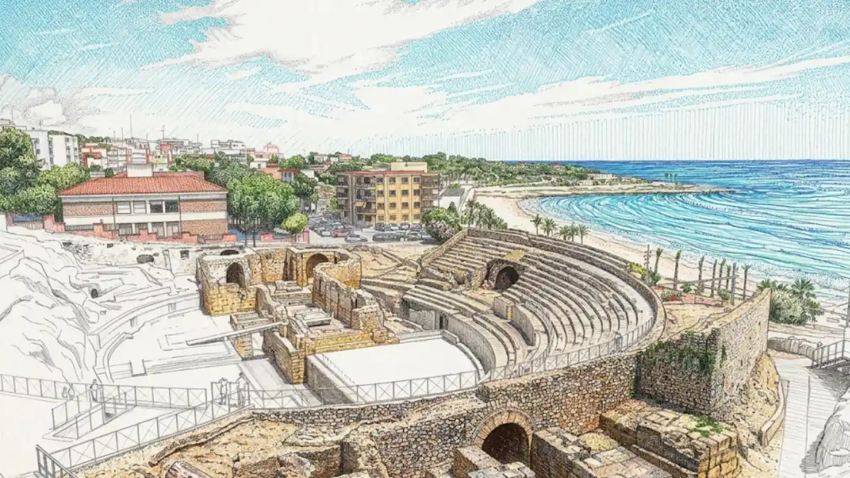 ilustración a tinta y lápiz del anfiteatro romano de Tarragona, España, sobre papel texturizado