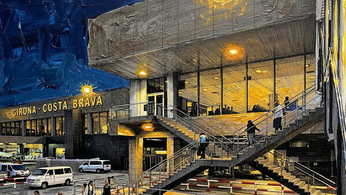 Reinterpretación artística de la fachada y escaleras del Aeropuerto de Girona-Costa Brava en horario nocturno.
